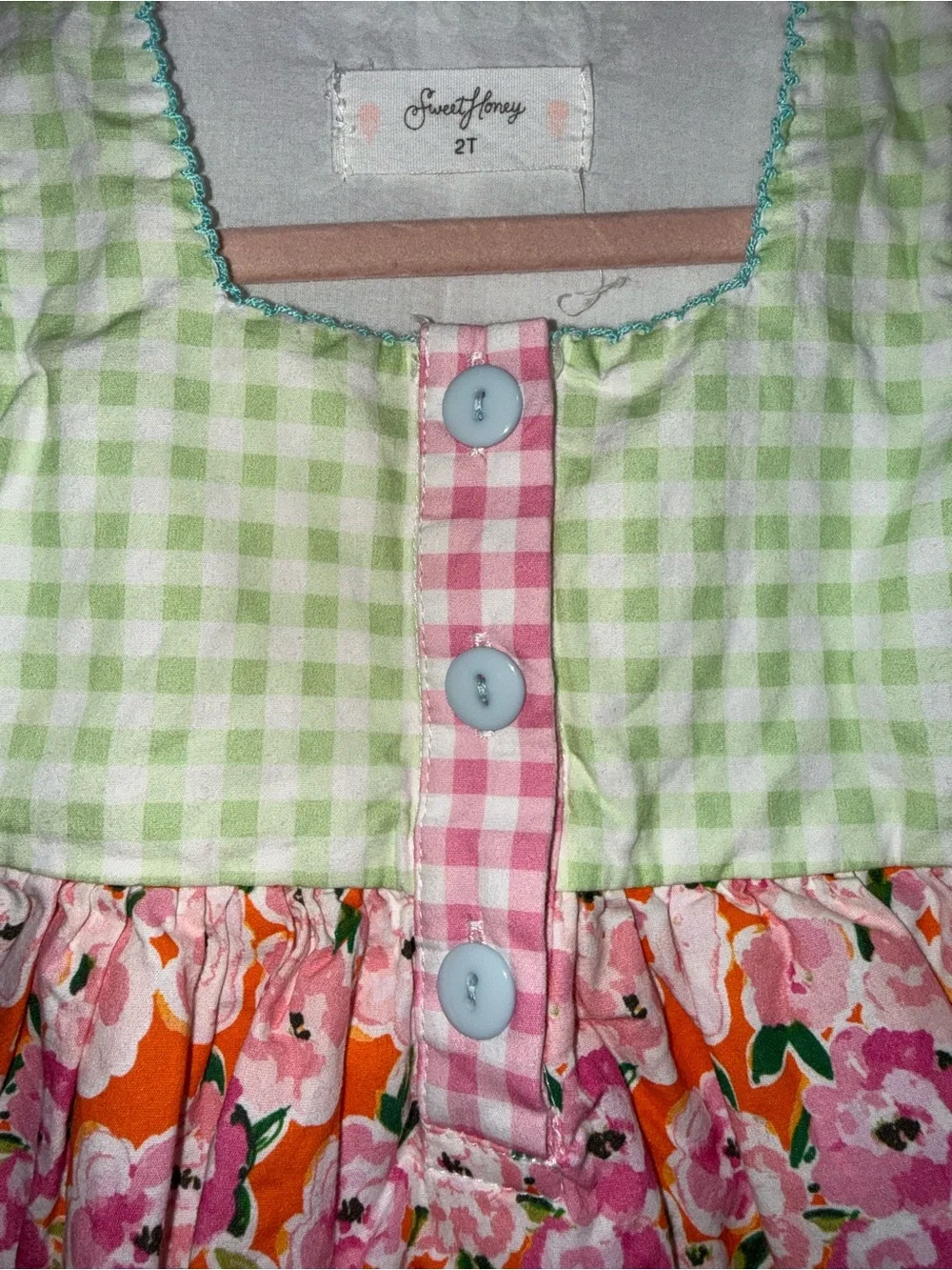 Sweet Honey Girls' Green & Pink Floral Tiered Dress